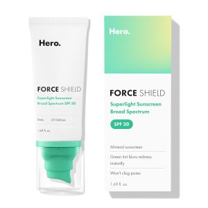Hero Cosmetics Force Shield Superlight Sunscreen SPF 30, 1.69 Fl Oz | Improves Redness & Post-Blemish Marks; Color-Correcting Green Cream; Long-Lasting Hydration; Dermatologist Tested