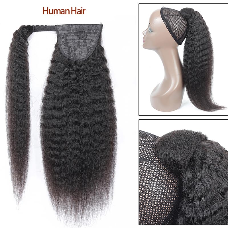 Straight Ponytail Human Hair with Wrap Around Magic Tape, Brazilian Hair Clip in Extensions Wavy Yaki Pony Tail Color Natrual Black (14", 1B, Straight, Wrap Around) - Image 3