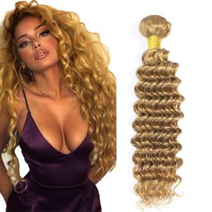 28 Inch #27 Blonde Bundles Human Hair Deep Wave Bundles Unprocessed Brazilian Virgin Remy Hair 1 Bundle Honey Blonde Deep Wave Human Hair Extensions 50 Gram Per Bundle