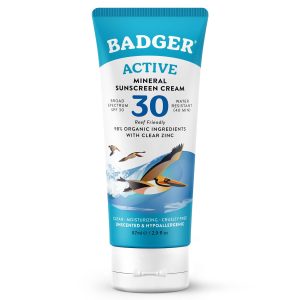 Badger Mineral Sunscreen Cream SPF 30, Zinc Oxide Sun Care, 98% Organic, Reef Safe, Water Resistant, Unscented Face and Body Sunscreen Travel Size, 2.9 fl oz
