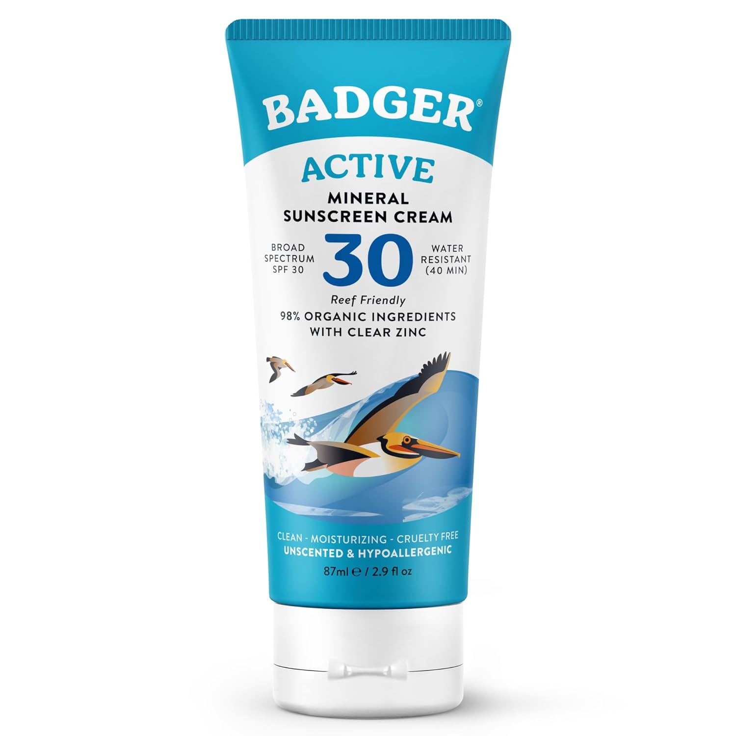 Badger Mineral Sunscreen Cream SPF 30, Zinc Oxide Sun Care, 98% Organic, Reef Safe, Water Resistant, Unscented Face and Body Sunscreen Travel Size, 2.9 fl oz
