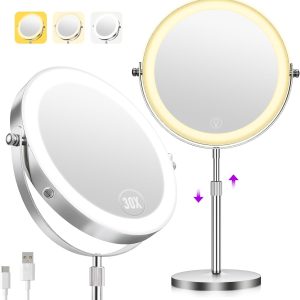 1X/30X Makeup Mirror with Lights, Brightness Adjustable with 3 Colors, Double Sided Magnifying Mirror with 360° Rotation, Lighted Makeup Mirror with Magnification, Ideal Gift for Women