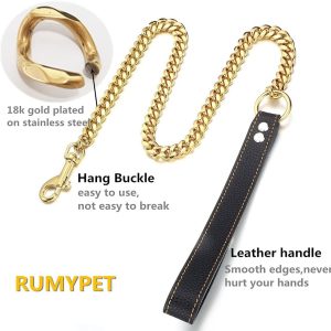 3FT/4FT/5FT Heavy Duty Gold Dog Chain Leash 14MM Stainless Steel Miami Cuban Link Chain with Durable Genuine Leather Handle for Training Walking(14mm,4ft)…