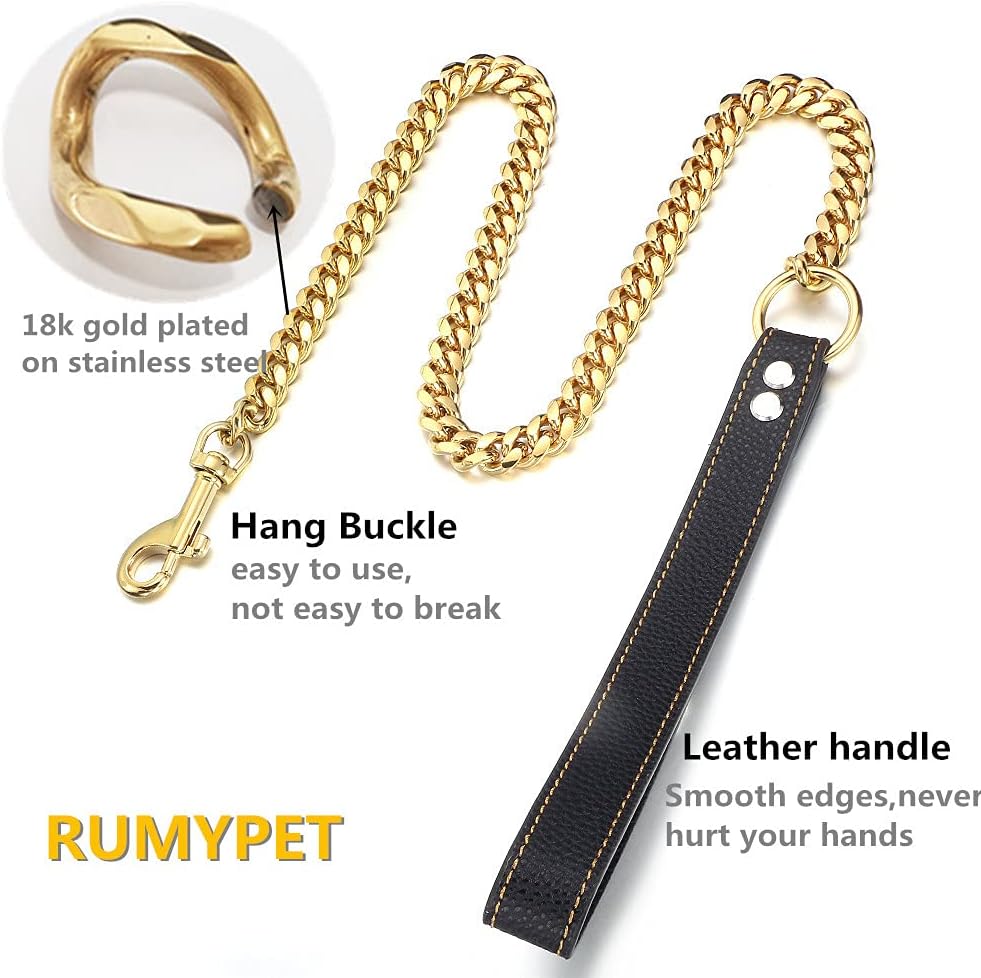 3FT/4FT/5FT Heavy Duty Gold Dog Chain Leash 14MM Stainless Steel Miami Cuban Link Chain with Durable Genuine Leather Handle for Training Walking(14mm,4ft)…