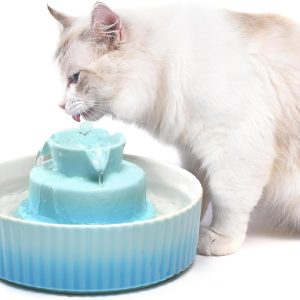 2.1L Ceramic Cat Water Fountain-for Cats and Dogs, 360 Ceramic Pet Fountain-70 Oz Large Water Capacity - Whisper-Quiet Water Flow-Great for Shy or Timid Pets - Fresh, Filtered Water (Blue)