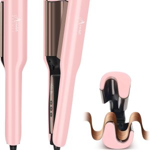 Aima Beauty 1 Inch Deep Wave Curling Iron Hair Crimper Waver Beach Waves Curling Wand, Memory Timer, Adjustable Temps Travel Dual Voltage Anti-Scald Long Lasting Style Ionic Anti-Frizz, Pink