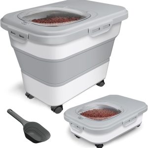 TIOVERY Dog Food Storage Container, 10-20lbs Collapsible Dog Cat Food Containers with Airtight Clear Flip-top，Rolling Wheel and Pet Food Scoop, Pet Food Storage Container Bin for Dog Cat Bird Pets