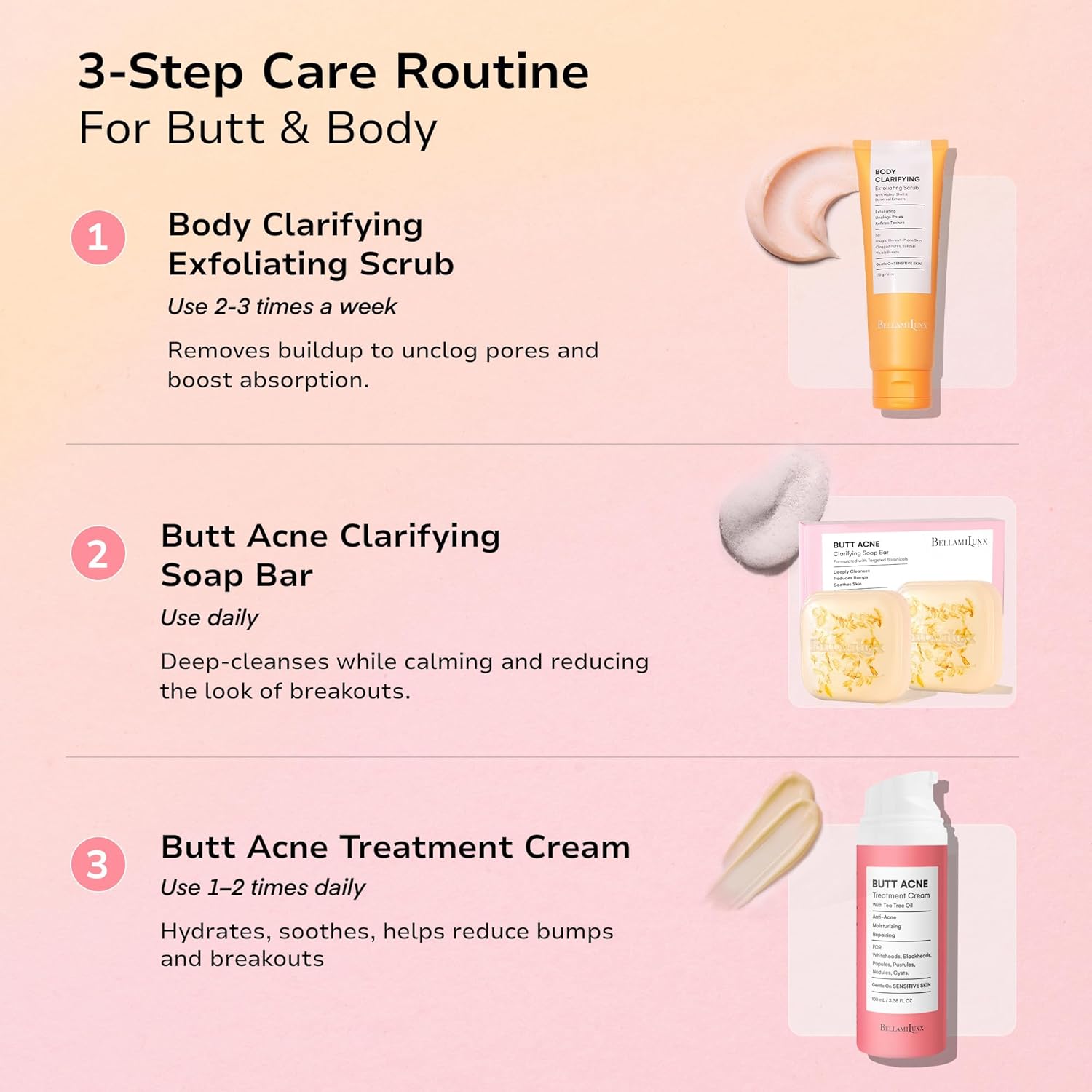 BellamiLuxx Butt Acne Clearing Treatment Cream: Body Acne Treatment for Folliculitis and Pimples on Buttocks, Thighs, and Body with 2% Salicylic Acid & Tea Tree Oil - Butt Cream for Smooth Skin - Image 2