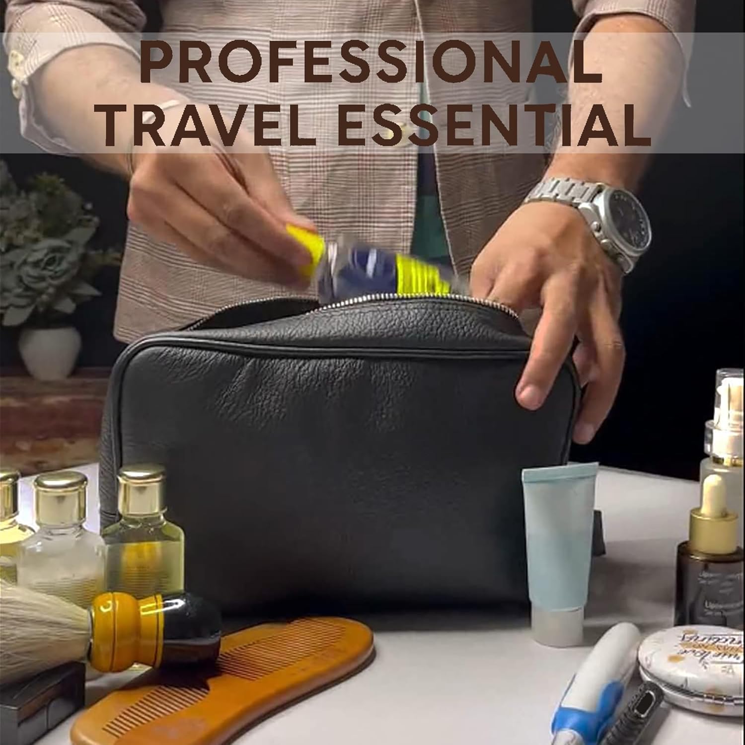 RUSTIC TOWN Full Grain Leather Travel Toiletry Bag - Cosmetic Makeup Kit Organizer (Medium, Black) - Image 2