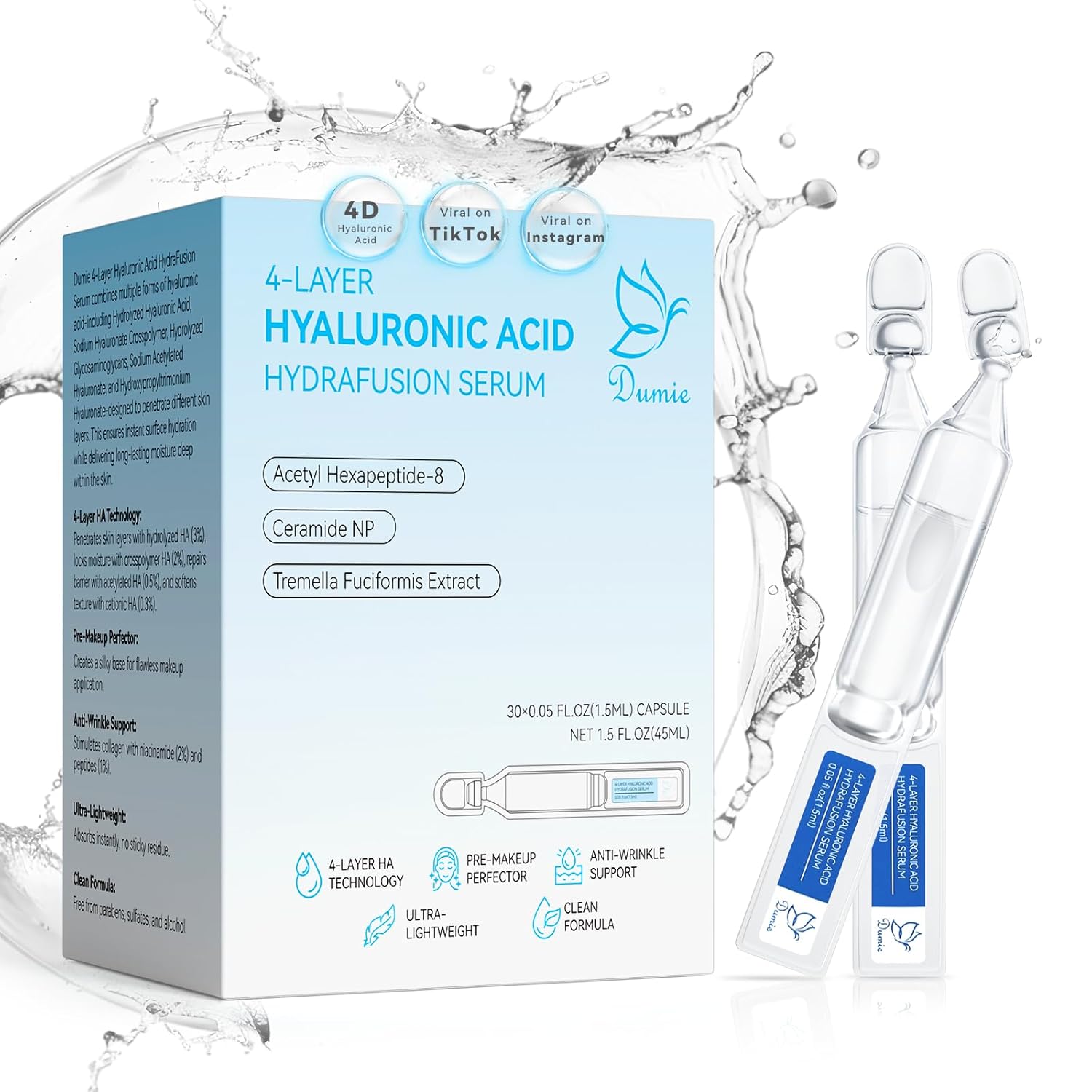 3% Hyaluronic Acid Serum for Face, Anti-Aging Hydrating Serum with 20,000 ppm Ceramide NP & 10,000ppm Acetyl Hexapeptide-8, Korean Skincare ultra hydrating serum, turm Skin/Sensitive Skin(1.5 ml*30) - Image 2