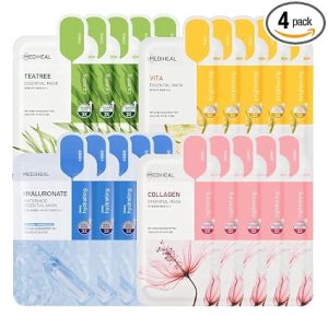 Mediheal Sheet Mask Essential HERO 20 Pack (Collagen, Tea Tree, Vita, Hyaluronate)| Korean Skincare Facial Sheet Mask Combo Moisturizing, Soothing and for Blemishes