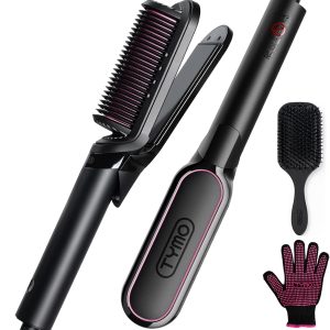 TYMO Flat Iron Hair Straightener Brush 2 in 1, 200M Ions Hair Straighteners for Women, Ceramic Straightening Hot Comb for Anti-Frizz Straights, Waves, Curl, 3X Less Heat Damage, Dual Voltage, Black