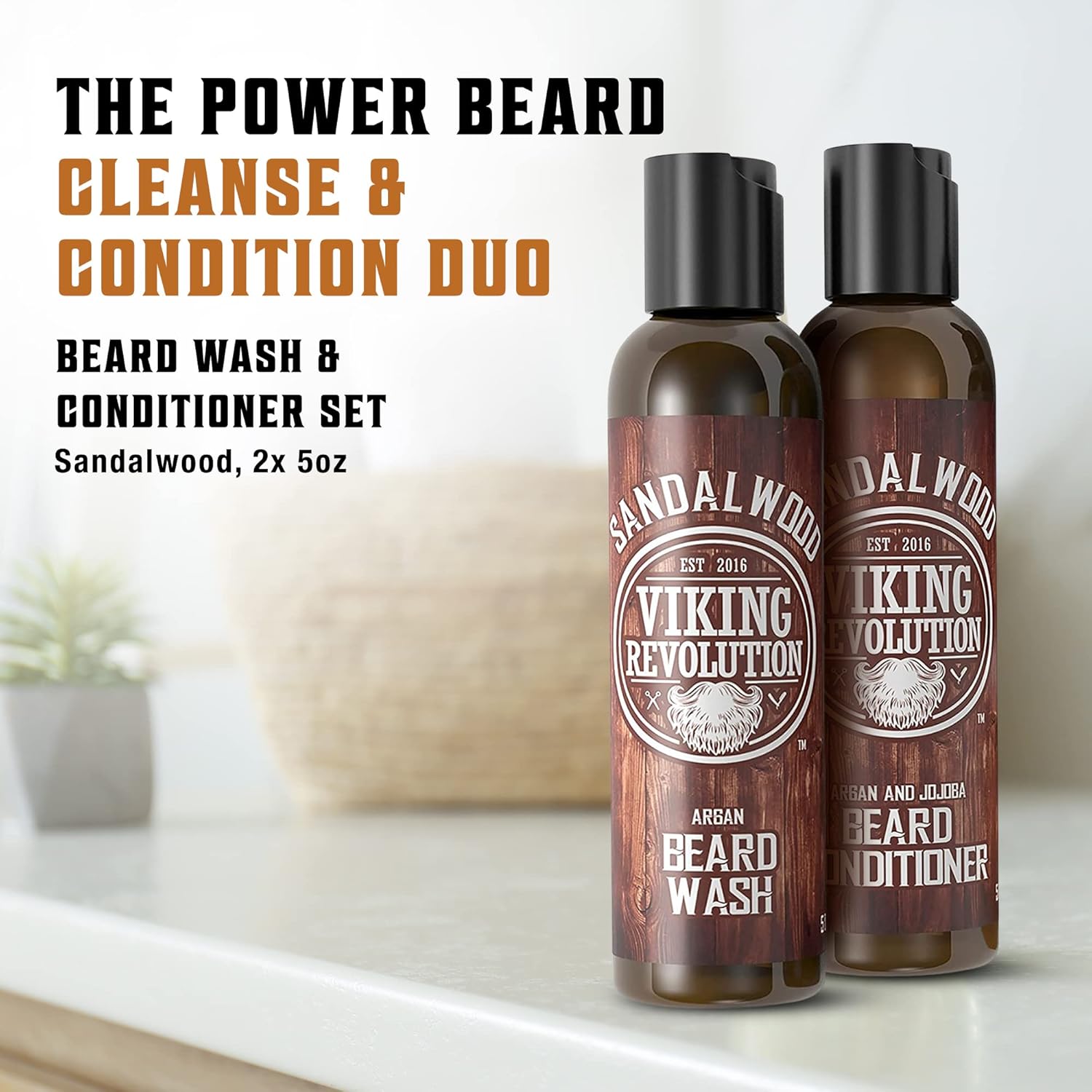 Viking Revolution Beard Wash & Beard Conditioner Set w/Argan & Jojoba Oils - Softens & Strengthens - Natural Beard Shampoo w/Beard Oil Sandalwood (5oz) - Image 3