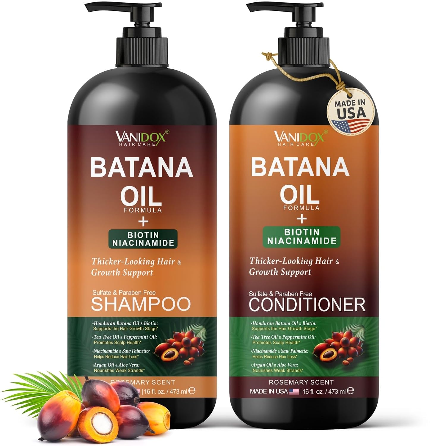 VANIDOX Batana Oil Shampoo and Conditioner Set – Biotin & Niacinamide Infused – Sulfate-Free, Paraben-Free – Moisturizing & Strengthening Hair Care for All Hair Types – 2 x 16 fl oz | Biotin & Niacinamide Infused, Supports Stronger, Thicker-Looking Hair, For Thinning Hair, Moisture & Scalp Care
