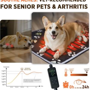 furrybaby Dog Heating Pad (24 x 16 in), Waterproof Pet Heating Pad for Dogs & Cats, Timer or Always-On Mode, Adjustable Temperature, Chew-Resistant, Black