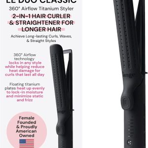 L’Ange Hair Le Duo Grande 360° Airflow Styler | Curl & Straighten with One Tool | 5.3" Snag-Free Titanium Plates | Cooling Air Vents to Set Curls | Adjustable Temp & Auto Shut-Off | Black