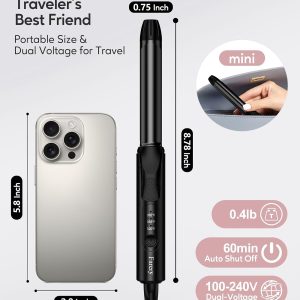 FARERY Travel Curling Iron Dual Voltage, 3/4 Inch Barrel | with 3 Adjustable Temp, Auto-Off, Ceramic Mini Curling Iron, Argan Oil & Keratin Infused, with StorageBag, Black
