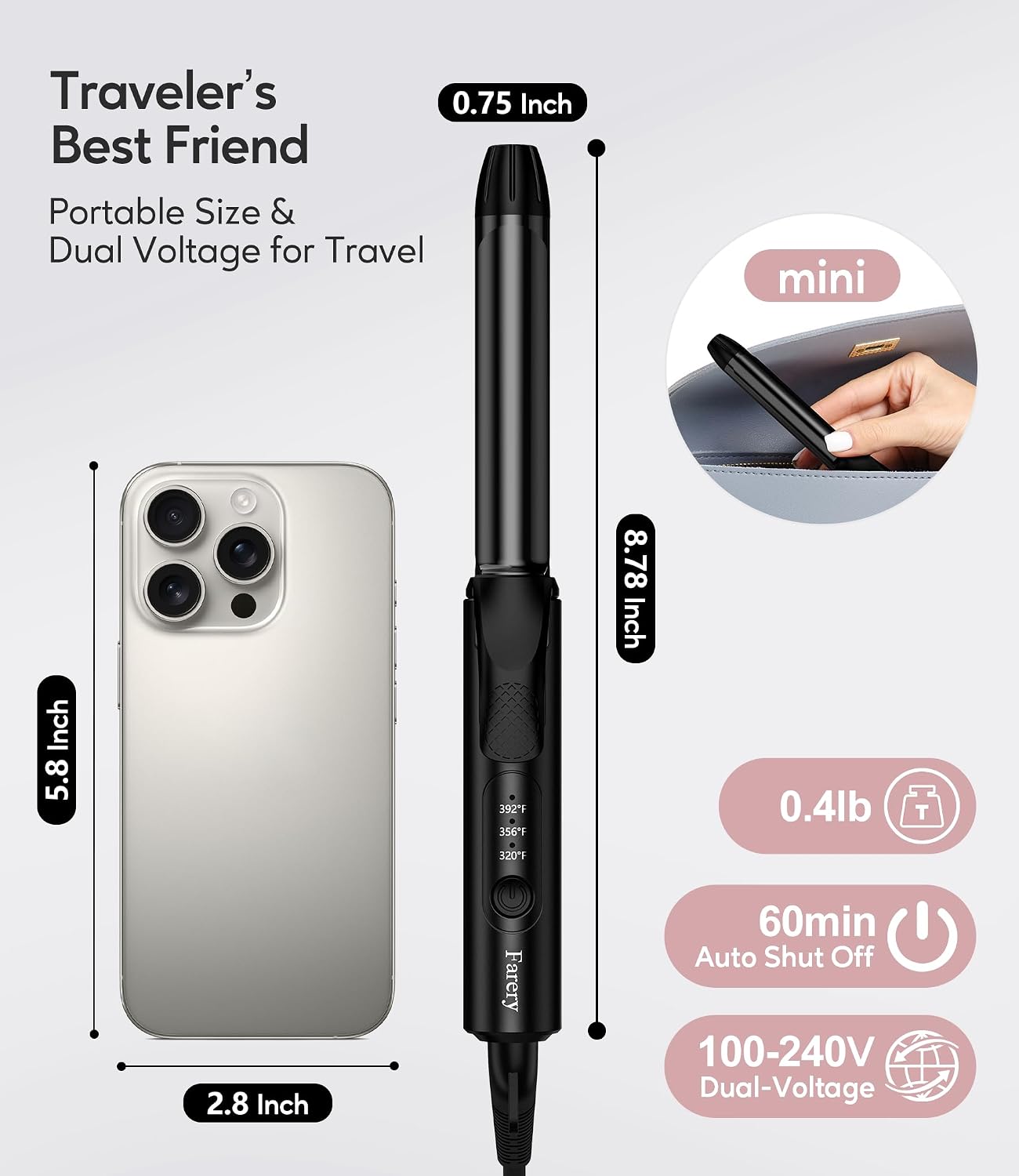 FARERY Travel Curling Iron Dual Voltage, 3/4 Inch Barrel | with 3 Adjustable Temp, Auto-Off, Ceramic Mini Curling Iron, Argan Oil & Keratin Infused, with StorageBag, Black
