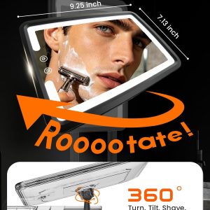 Heated Shower Mirror Fogless for Shaving with 3-Color Dimmable LED Lights, Rechargeable, 360 Degree Adjustable, Drill-Free, All-in-One Storage Tray Holds Shaving Foam, Brush and 2 Razors, Black