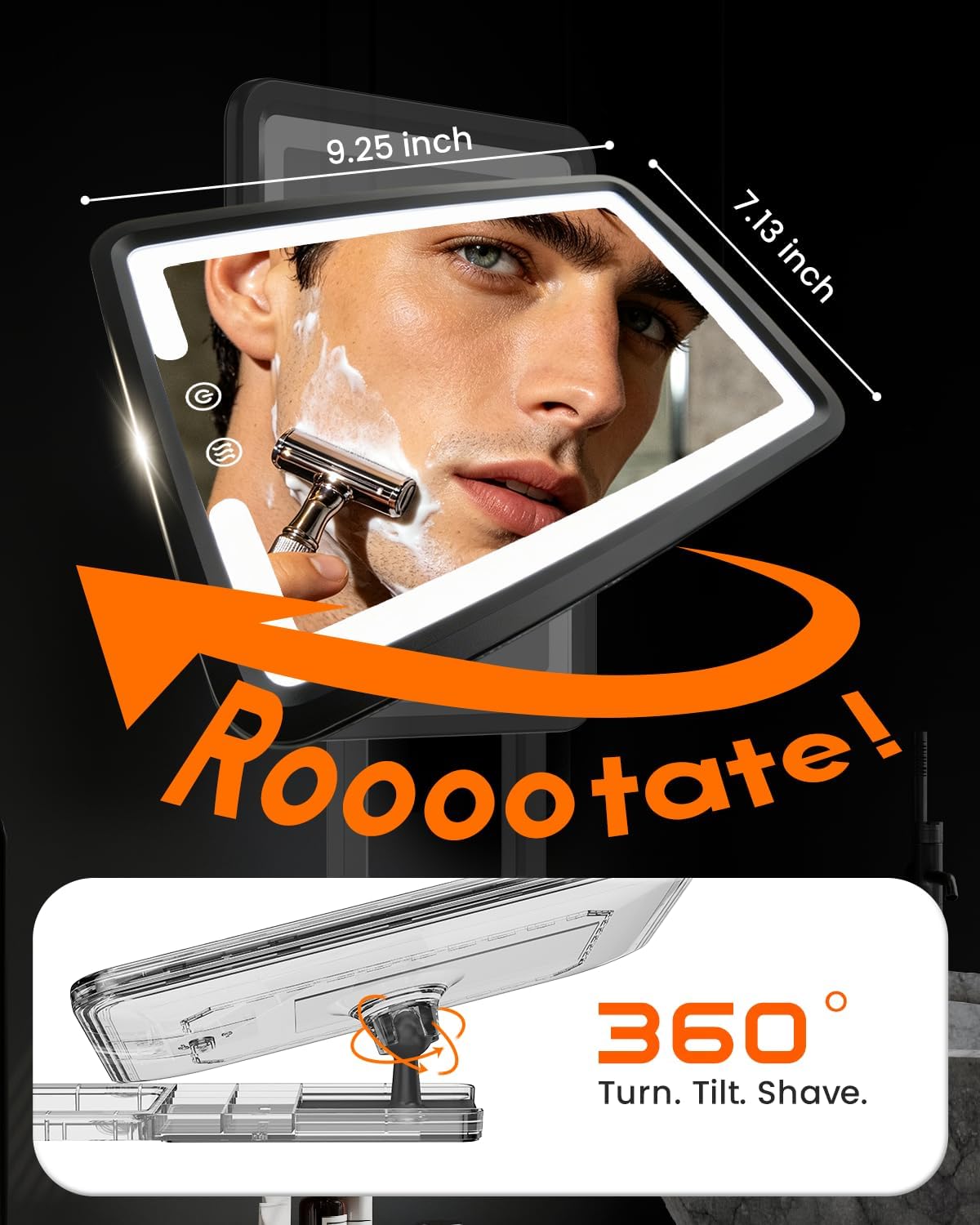 Heated Shower Mirror Fogless for Shaving with 3-Color Dimmable LED Lights, Rechargeable, 360 Degree Adjustable, Drill-Free, All-in-One Storage Tray Holds Shaving Foam, Brush and 2 Razors, Black