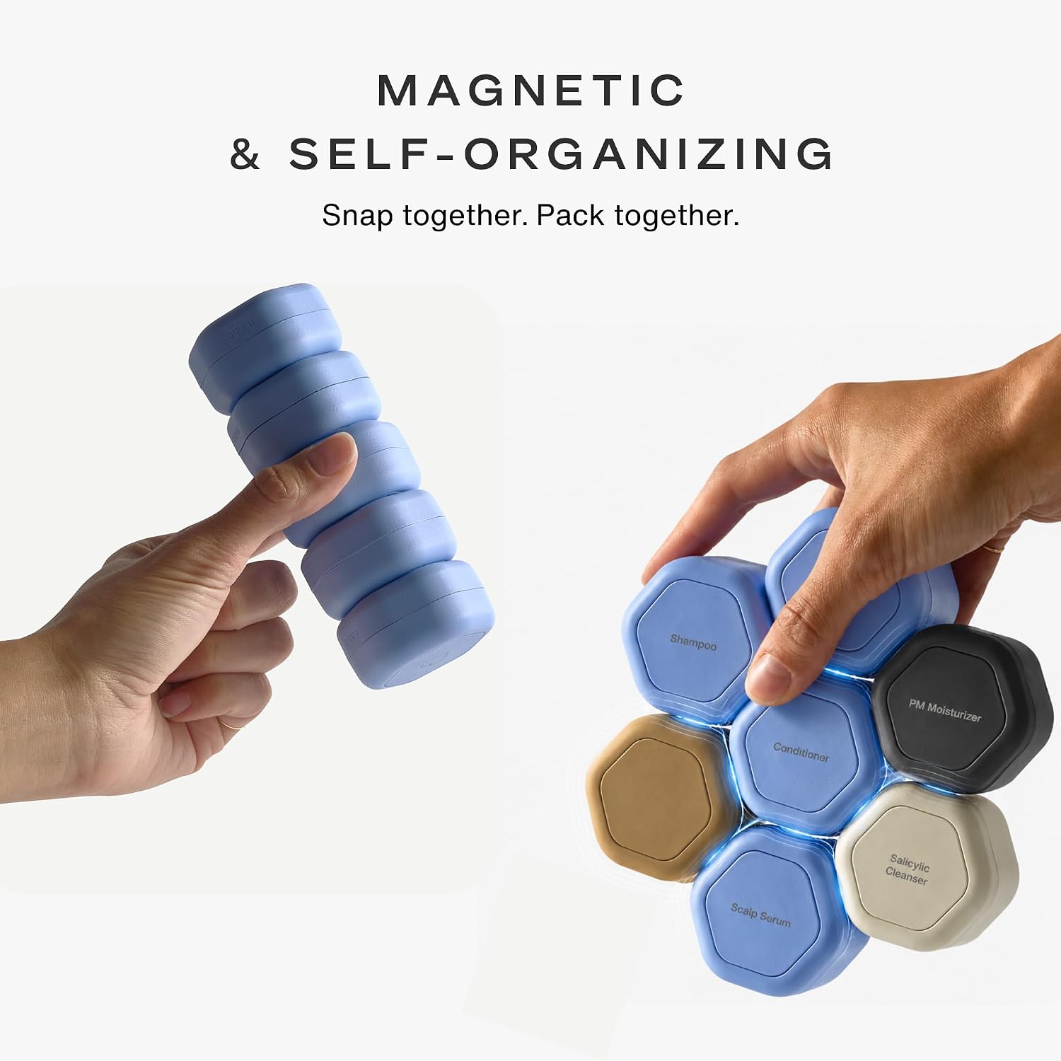 Cadence Travel Containers - 2 Piece Haircare Set - Magnetic Travel Capsules - For Shampoo, Conditioner, Hair Styling Product - 1 Small & 1 Medium Capsule - Shampoo & Conditioner Labels - Petal - Image 2