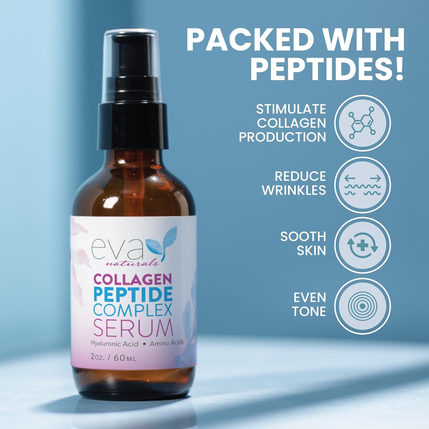 Collagen Serum for Face by Eva Naturals - Anti Aging Multi Peptide Face Serum with Hyaluronic Acid - Firming Hydrating Wrinkle Reducer Peptide Serum for Women & Men - Fragrance Free 2 oz - Image 2