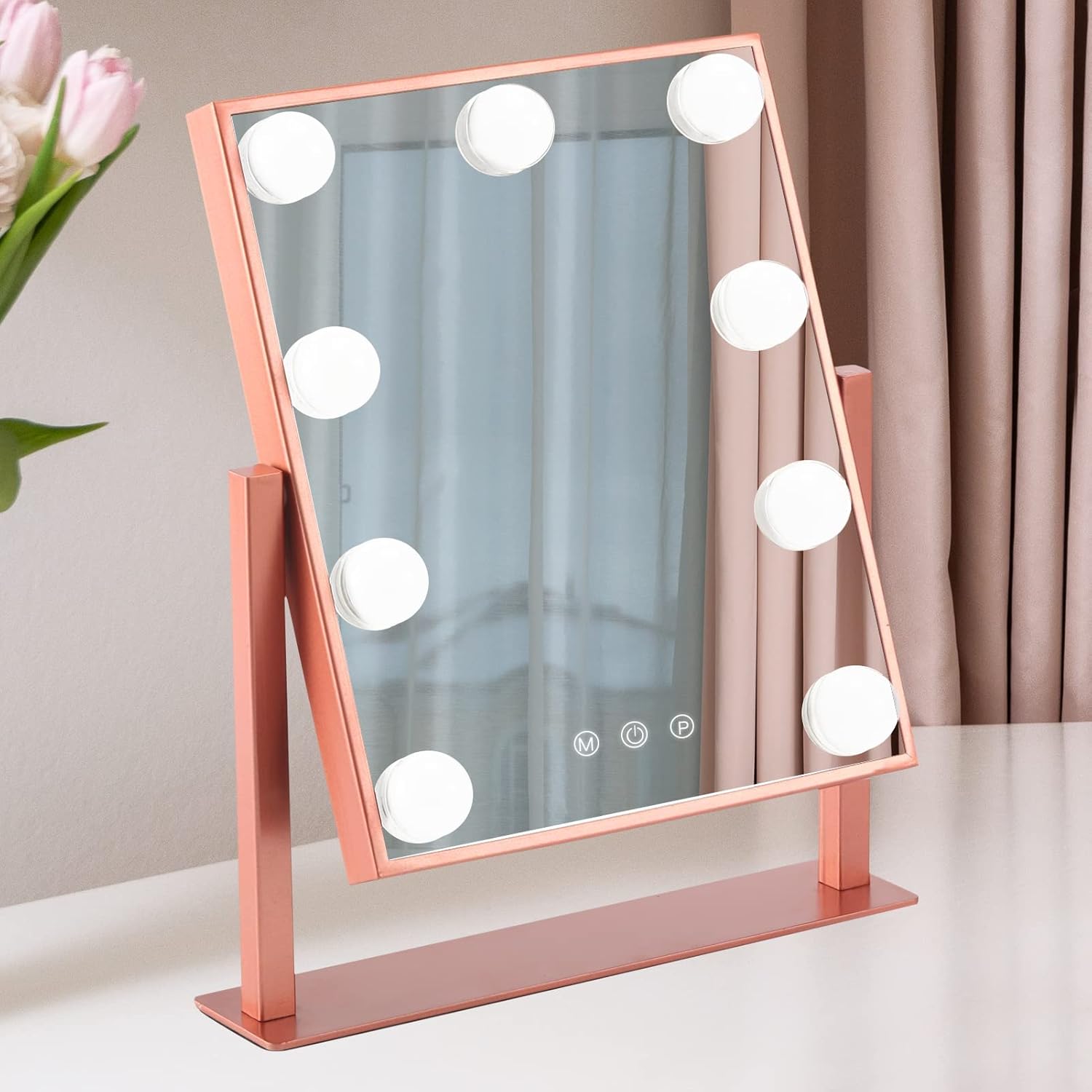 BWLLNI Makeup Mirror with Lights, Hollywood Mirror Lighted Vanity Mirror with 9 LED Bulbs, Touch Control Design 3 Colors Dimmable Bulbs Detachable 10X Magnification 360°Rotation(Rose Pink) - Image 2