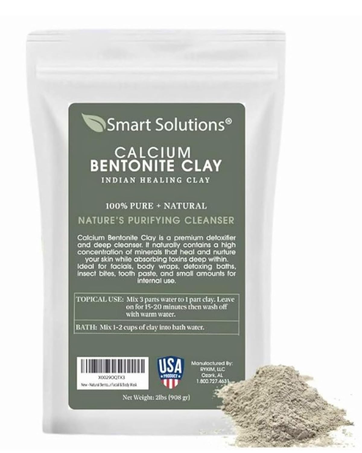 SMART SOLUTIONS Calcium Bentonite Clay, 2 lb Pure Indian Healing Clay - All Natural for External Use | DIY Facial Treatments, Deodorants, Hair Masks