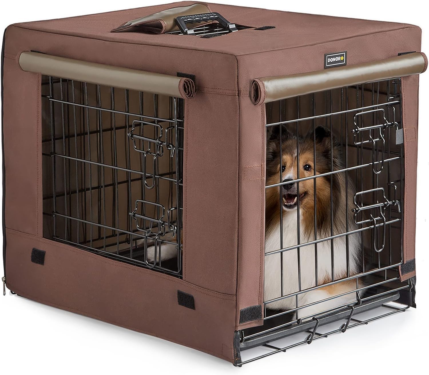 DONORO Dog Crates for Small Size Dogs Indoor Double Door Dog Kennels & Houses for Puppy and Cats, Collapsible Metal Contour Dog Cages (Brown, 24.0" L x 18.0" W x 20.0" H) - Image 3