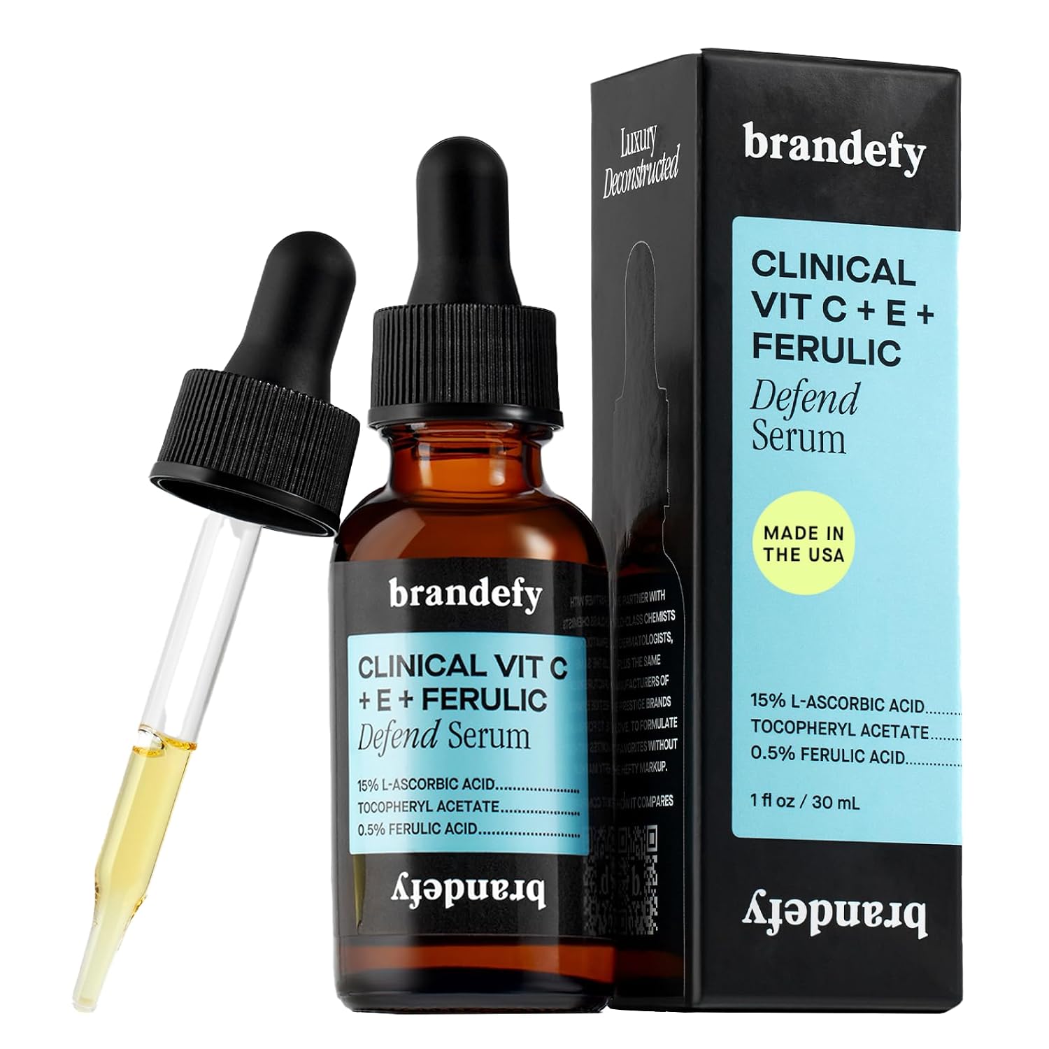 Brandefy Vitamin C Face Serum 15% L. Ascorbic Acid, Ferulic Acid .5% + Vitamin E for Self Care and Beauty, Face Dark Spot Corrector and Anti Aging 1oz, Made In The USA - Image 2