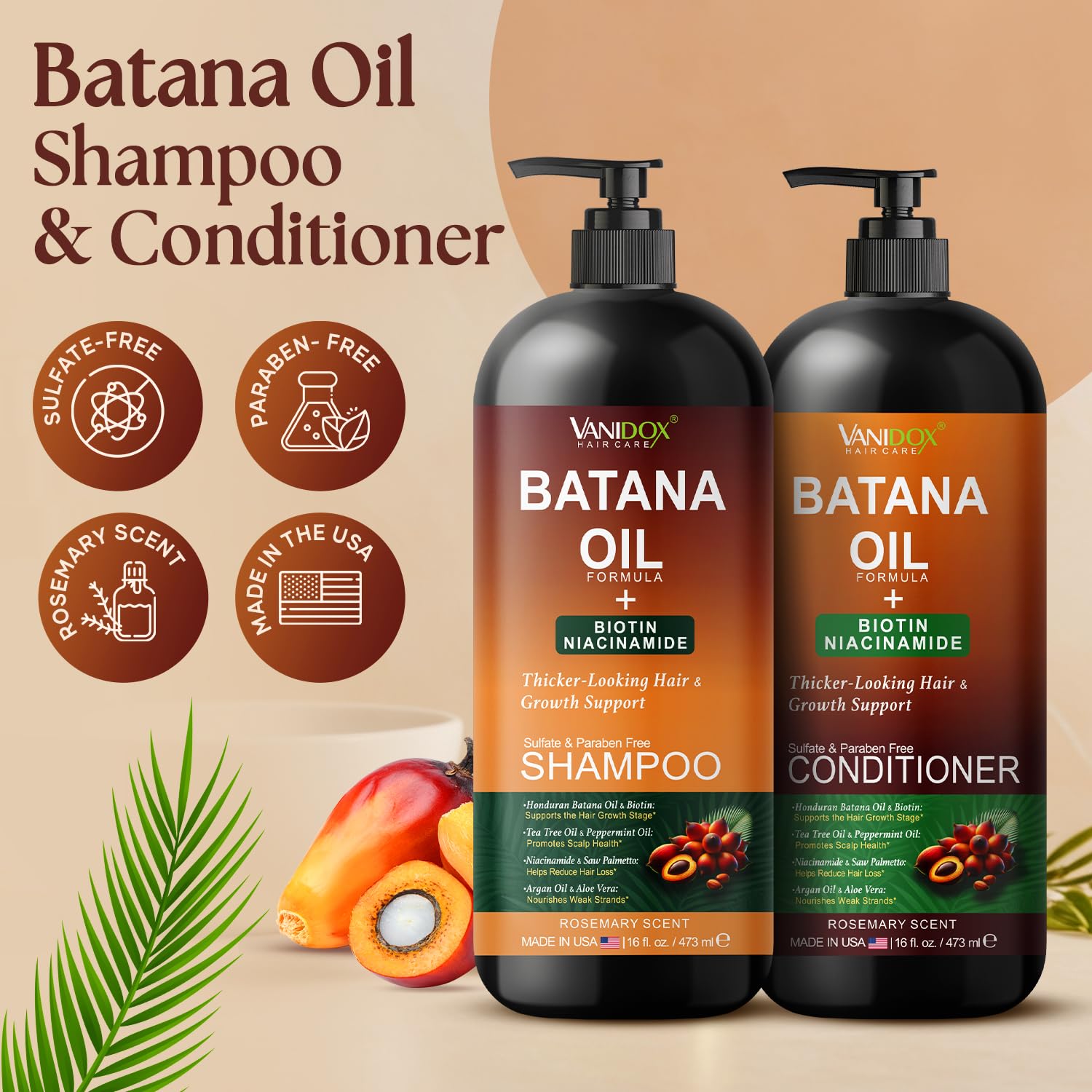 VANIDOX Batana Oil Shampoo and Conditioner Set – Biotin & Niacinamide Infused – Sulfate-Free, Paraben-Free – Moisturizing & Strengthening Hair Care for All Hair Types – 2 x 16 fl oz | Biotin & Niacinamide Infused, Supports Stronger, Thicker-Looking Hair, For Thinning Hair, Moisture & Scalp Care - Image 3