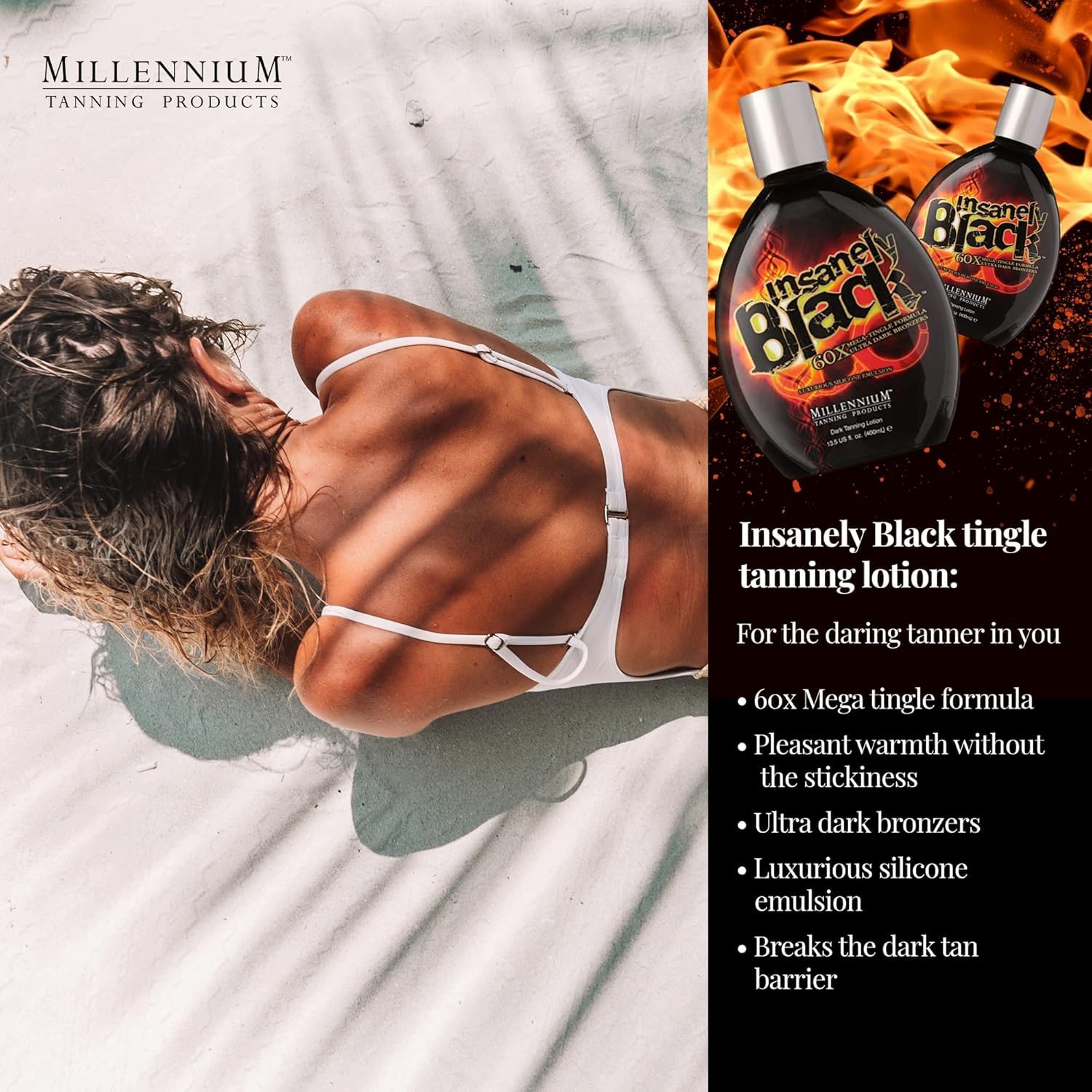 Millennium: Dark Tanning Lotion for Tanning Beds or Outdoors - Tanning Bed Lotion with Bronzer & Silicone for Tattoo Protection - Women & Mens Tanning Lotion - Insanely Black 60x, Mega Tingle, 13.5oz - Image 3