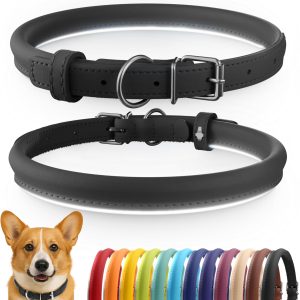 CollarDirect Reflective Rolled Leather Dog Collar, Soft Padded Round Puppy Collar, Handmade Genuine Leather Collar Dog Small Large Cat Collars 13 Colors (13-16 Inch, Black Reflective)