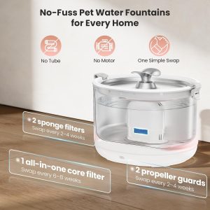 Cat Water Fountain Pumpless Stainless Steel Buckets & Bowl Wireless Pet Water Fountain 2.5L Water Fountains for Cats Indoor Dispenser Easy to Clean BPA -Free White