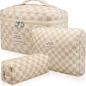 Gosect 3pc Makeup Bag Set, Quilted Makeup Bag Set, Large Floral Cosmetic Bag for Women, Cute Cotton Makeup Bags, Flower Travel Toiletry Organizer Bag (Checkered)