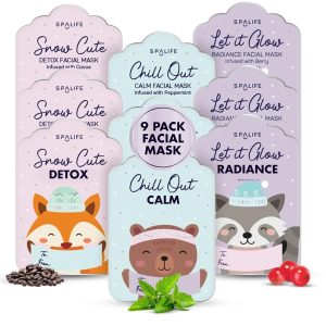 SpaLife Beauty Holiday Gift Tags Christmas Face Mask Bundle | Korean Facial Masks | Hydrating, Tone Evening, Refreshing Christmas Sheet Mask Set | Christmas Gifts for Women | 9 Pack