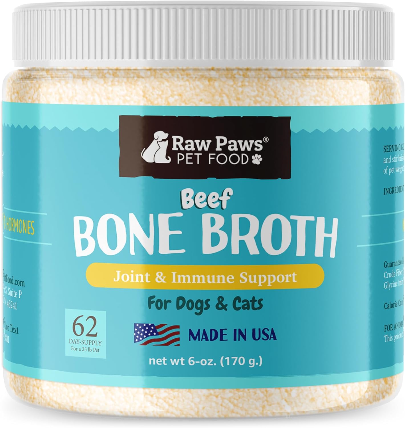 Raw Paws Beef Bone Broth for Dogs & Cats, 6-oz - Powdered | Made in USA - Dog Bone Broth Powder - Bone Broth for Cats - Mix with Water Cat Broths for Indoor Cats - Dog Protein Powder