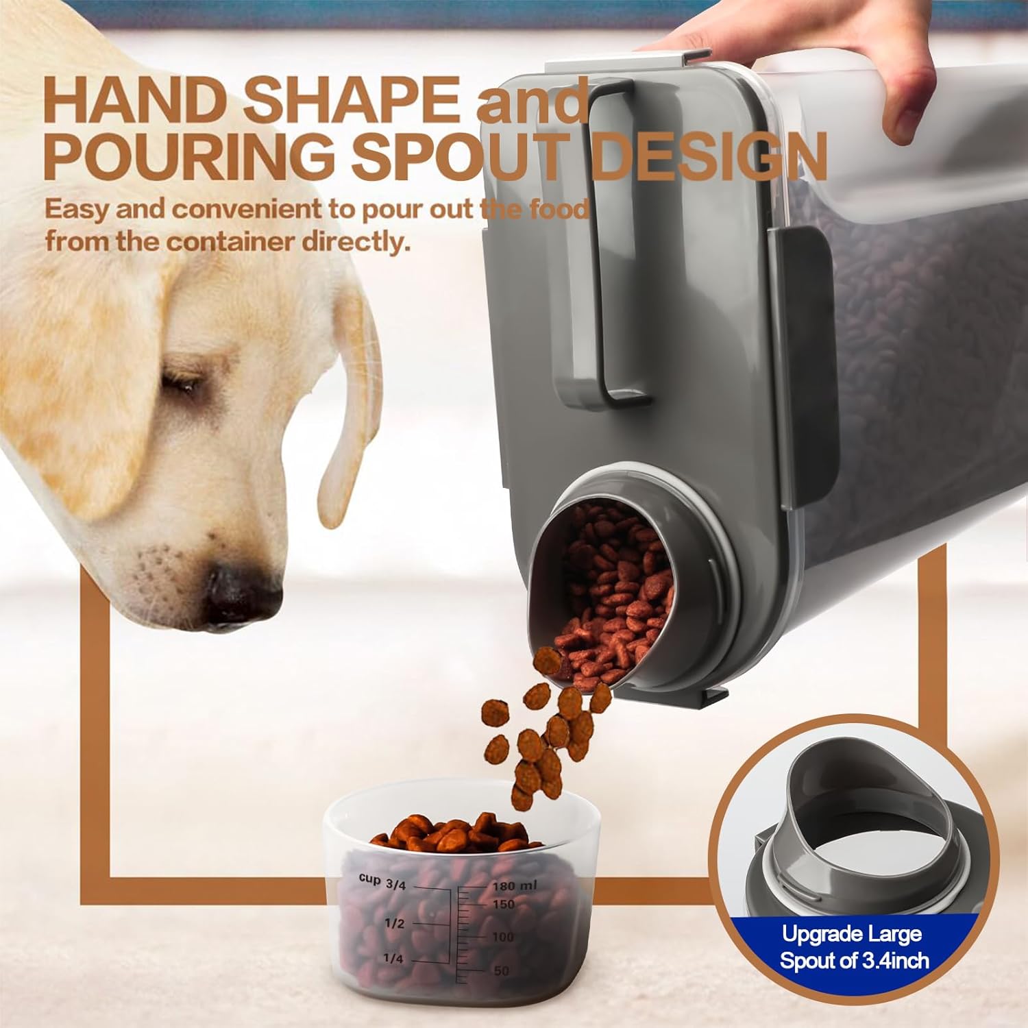 TIOVERY Dog Food Storage Container, 5-7 Lbs Airtight Pet Food Container, Cat Food Container Dispenser with Portable Handle, Pouring Spout and 4 Seal Buckles for Dogs Cats 2 Pack Grey - Image 3