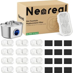 Neareal Official Cat Fountain Replacement Filters & Pre-Filter Sponges for 74oz/2.2L Stainless Steel Pet Water Fountain (12 Pack)