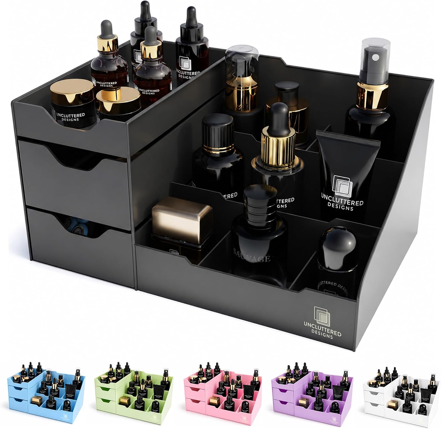 Uncluttered Designs Large Black Vanity Organizer - Countertop Mens Organizer With Drawers for Cologne, Deodorant, Beard, Shaving Lotion, Perfume & Skincare - Perfect for Bathroom & Bedroom Storage - Image 2