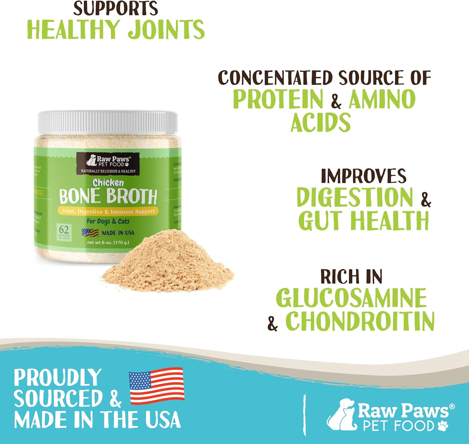 Raw Paws Chicken Bone Broth for Dogs & Cats, 6-oz - Powdered | Made in USA - Dog Bone Broth Powder - Bone Broth for Cats - Mix with Water Cat Broths for Indoor Cats - Dog Protein Powder - Image 3
