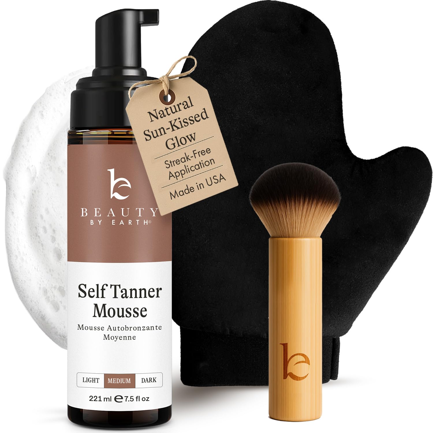 Self Tanner Tanning Mousse Kit - USA Made with Natural, Organic Ingredients | Tan Kit with Kabuki Brush & Mitt, Tanning Foam for Fake Tan, Non Toxic Sunless Tanner, Self Tanners Best Sellers - Image 3