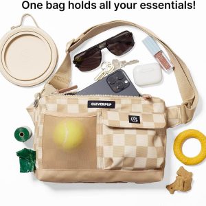 Cleverpup Walk & Train 2-in-1 Dog Walking Bag - Hands-Free Training Crossbody Sling & Fanny Pack with Treat Pouch, Poop Bag Holder, Phone Pockets - Adjustable Waist or Shoulder Strap - Checkerboard