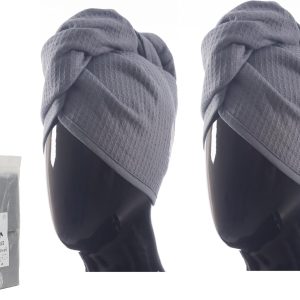 100% Turkish Cotton Hair Towel Wrap for Women,Non Microfiber,Super Absorbent,AntiFrizz,Plopping Hair Drying Waffle Bath Towels for Curly,Long&Thick Hairs,Head Wrap,2 Pack10x26inc (Grey+Grey)