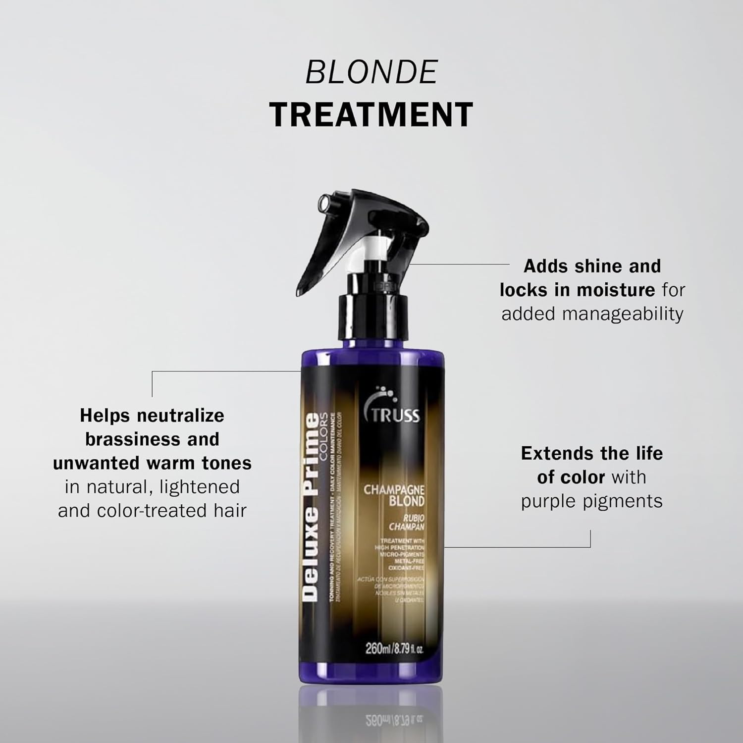 TRUSS Purple Hair Spray & Blonde Toner - Hair Lightening Spray & Reconstructor with Customizable Toning - Deluxe Prime Champagne Blonde - For Brassy, Gray, Bleached, or Blonde Locks (8.79 Oz) - Image 3
