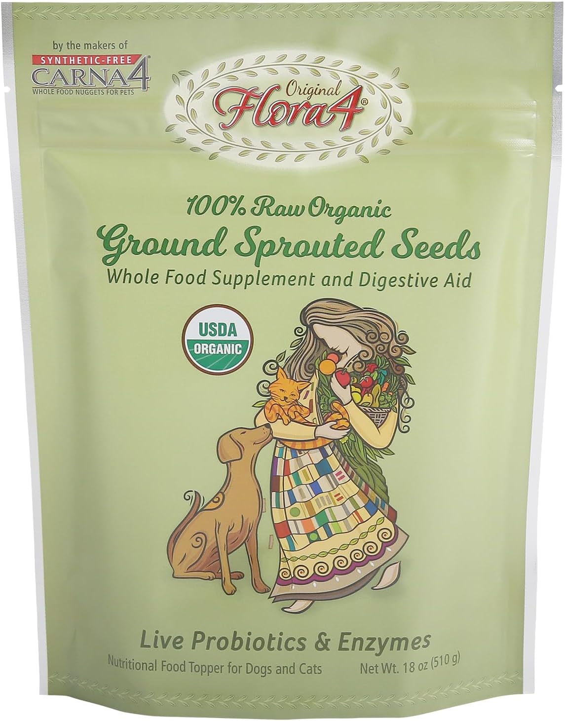 CARNA4 Flora4 Sprouted Seeds Food Topper for Dogs & Cats, Original Blend with sprouted Flaxseed, Rich in Natural Probiotics & Digestive Enzymes, Synthetic-Free Whole Food Supplement 18oz