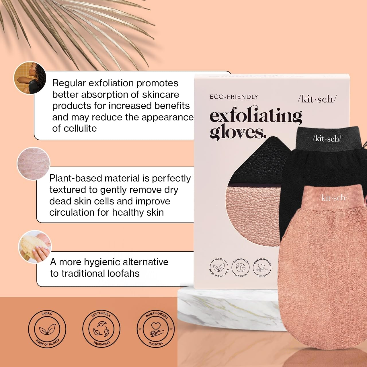 Kitsch Exfoliating Gloves 2pc – Korean Exfoliating Mitt & Deep Exfoliating Body Scrubber for Shower, Bath | Body Exfoliator, Dead Skin Remover | Skin Care for Smooth, Renewed Skin - Black & Terracotta - Image 3
