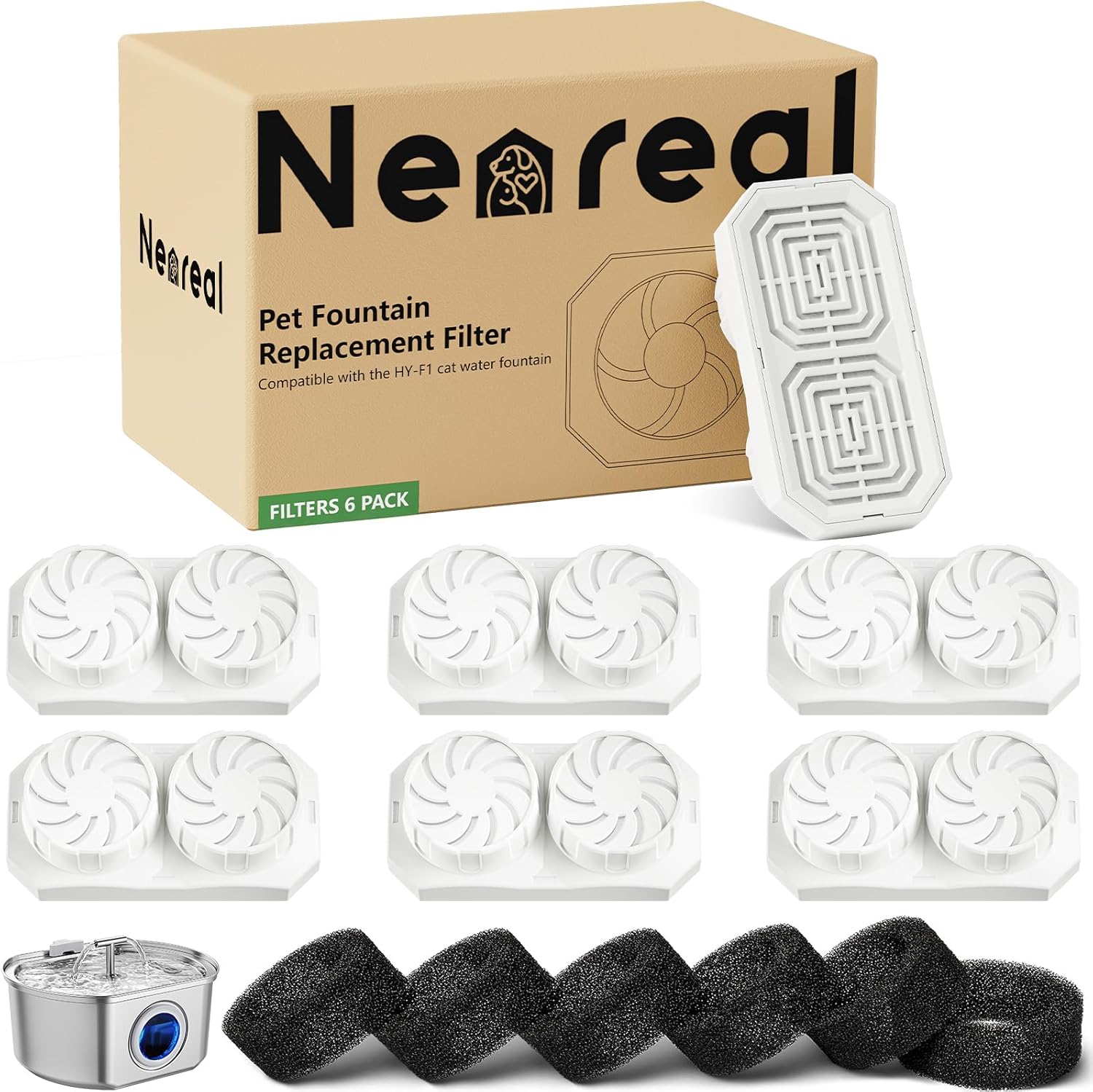 Official 6-Pack Replacement Filters with Pre-Filter Sponges for 108oz/3.2L Automatic Stainless Steel Pet Water Fountain