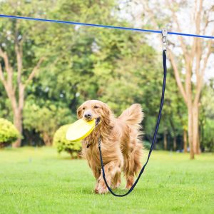 XiaZ Dog Tie Out Cable, 50ft Trolley Runner Cable for Dogs up to 250lbs, Dog Lead for Yard, Camping, Outdoor, with 8 Ft Nylon Bungee Runner, Cable Sling to Protect Trees,Blue