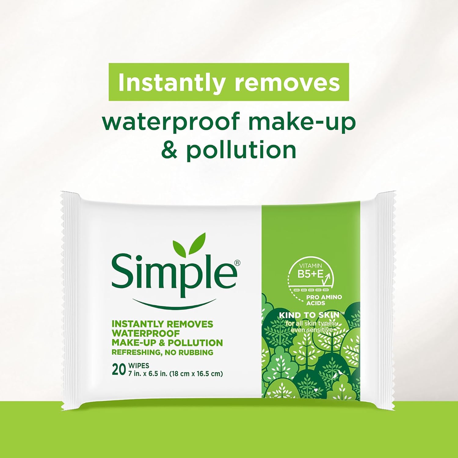 Simple Kind To Skin Micellar Makeup Remover Wipes - Face Wipes Instantly Remove Waterproof Makeup - Enriched with Vitamin B5 and E - Vegan - 6 pc